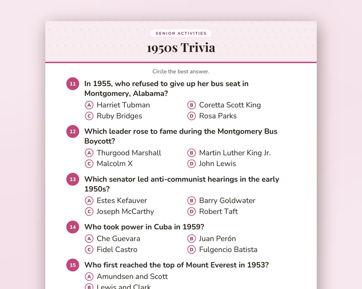 1950s Trivia for Seniors: 40 Large-Print Questions with Answer Key printable preview 2