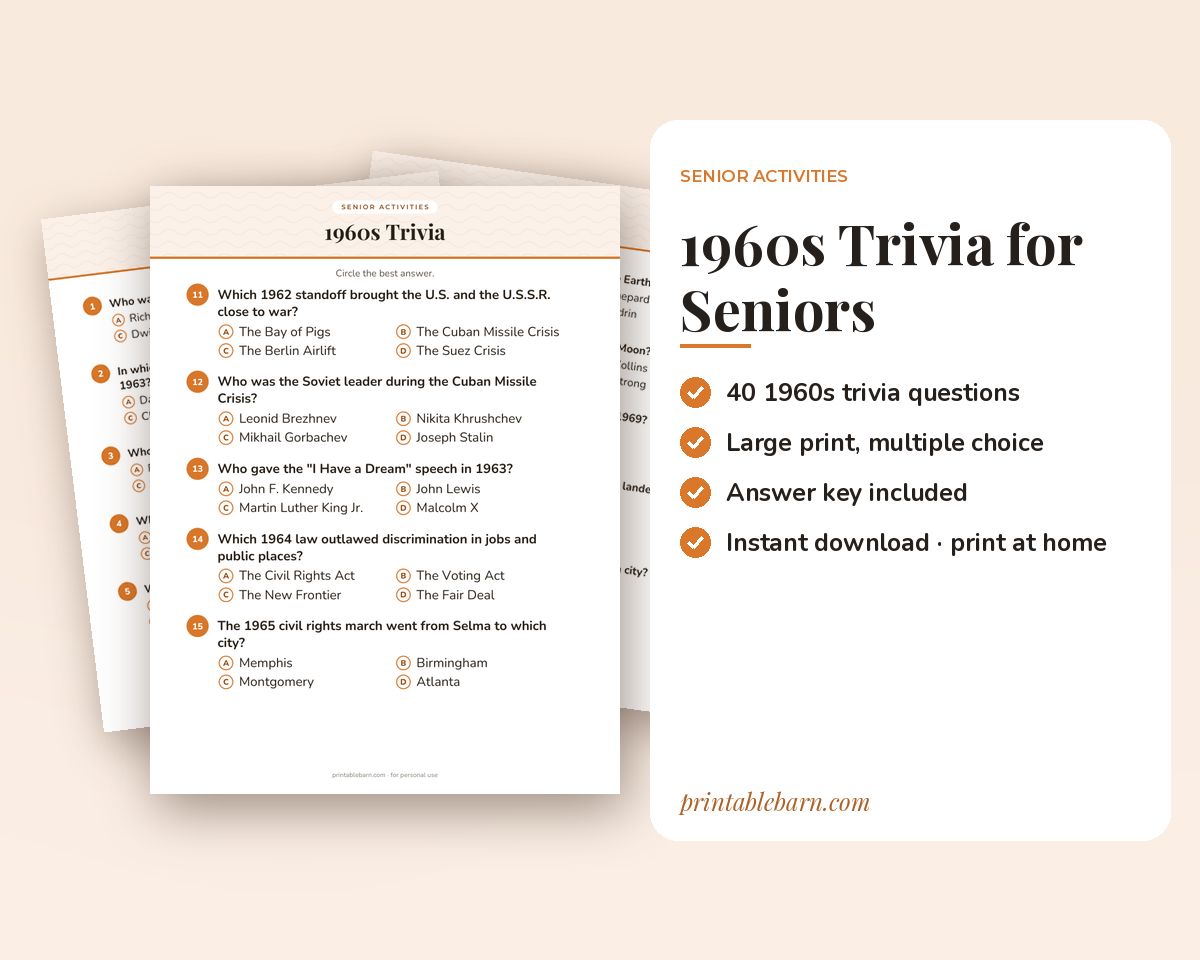 1960s Trivia for Seniors: 40 Large-Print Questions with Answer Key