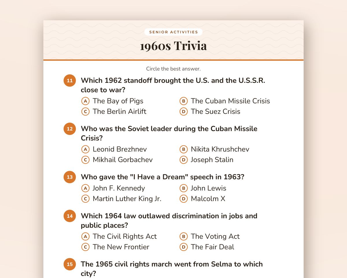 1960s Trivia for Seniors: 40 Large-Print Questions with Answer Key printable preview 2