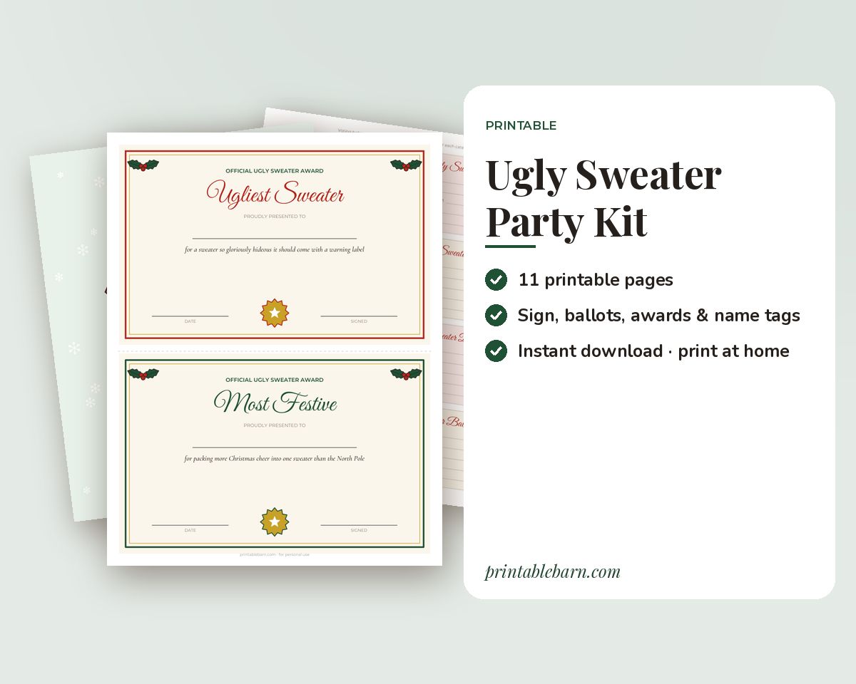 Ugly Sweater Party Contest Kit Printable: Voting Ballots, Award Certificates, Contest Sign, Name Tags & Scorecard
