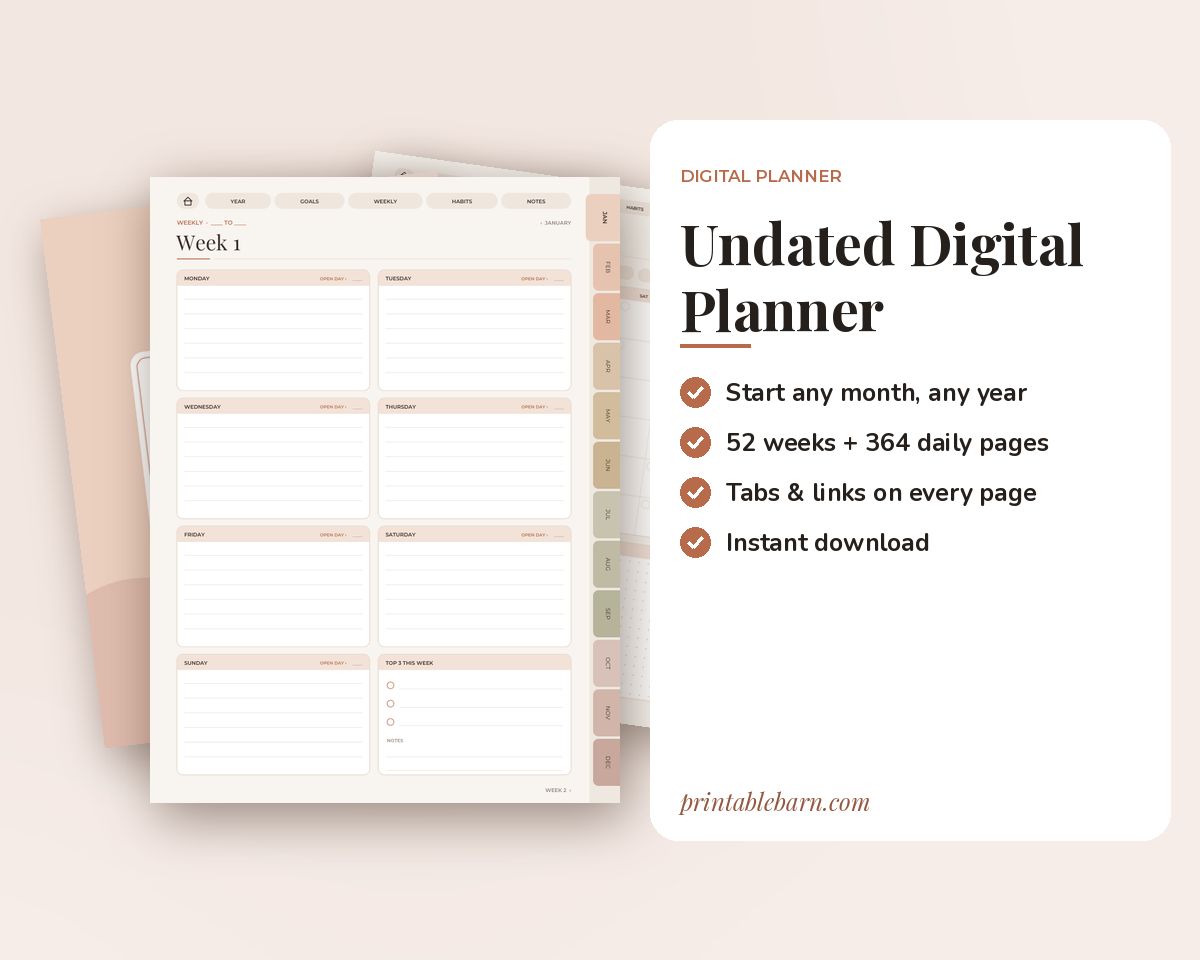 Undated Digital Planner: Hyperlinked iPad Planner with Monthly, Weekly & Daily Pages for GoodNotes printable preview 1