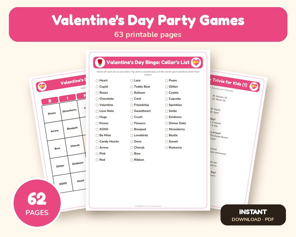 Valentine's Day Party Games Bundle: 15+ Printable Games
