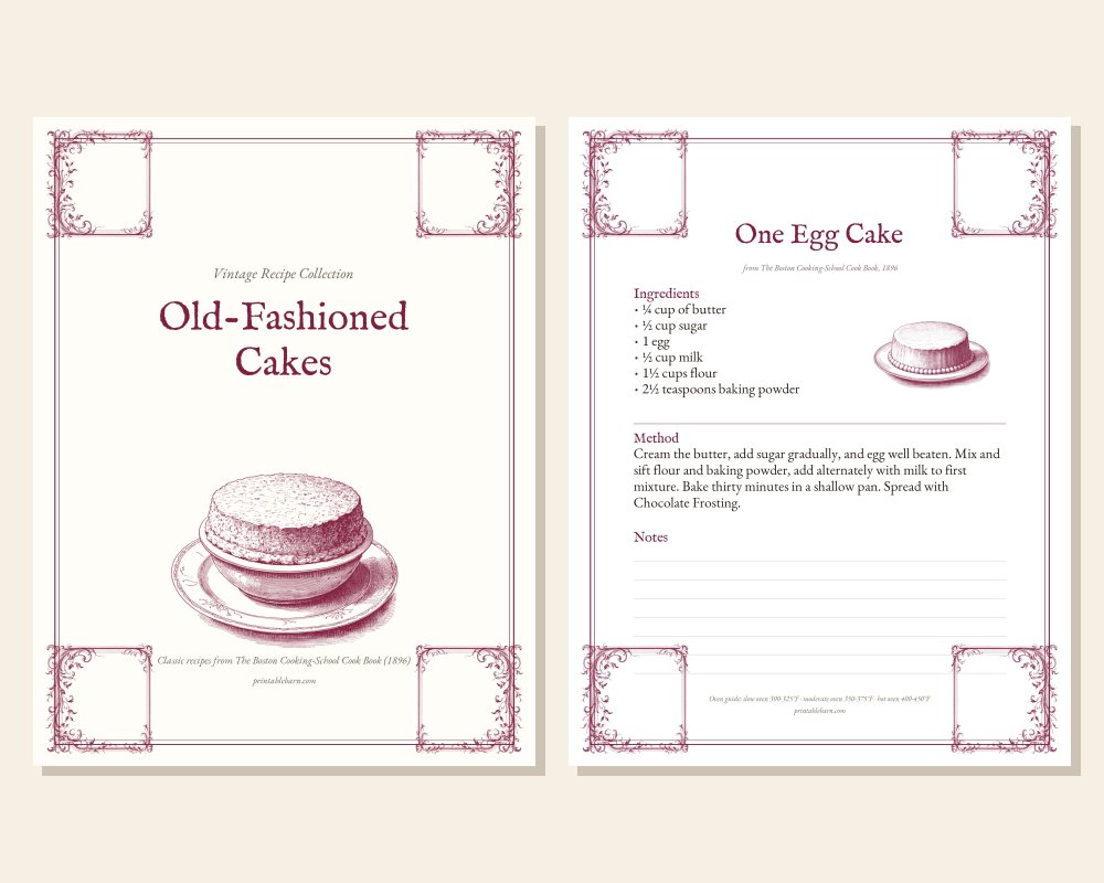 Vintage Recipe Printables: Old-Fashioned Cakes (10 Recipes, 1896) printable preview 1