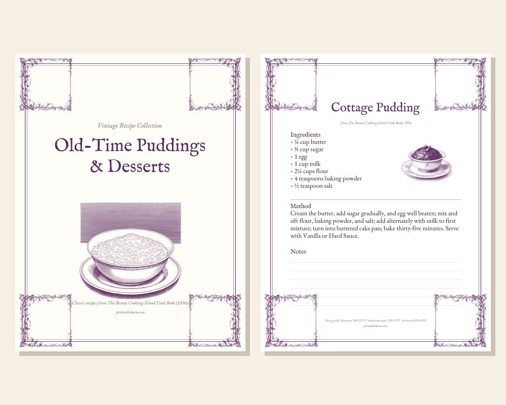 Vintage Recipe Printables: Old-Time Puddings & Desserts (9 Recipes, 1896) printable preview 1