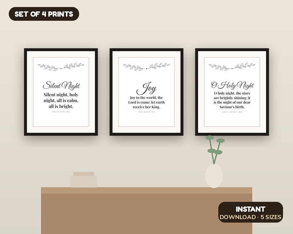Christmas Carol Wall Art Set of 4: Silent Night, Joy to the World, O Holy Night & O Come Let Us Adore Him