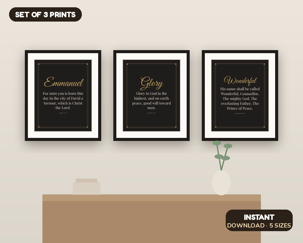 Christmas Scripture Wall Art Set of 3: Black & Gold Nativity Verse Prints