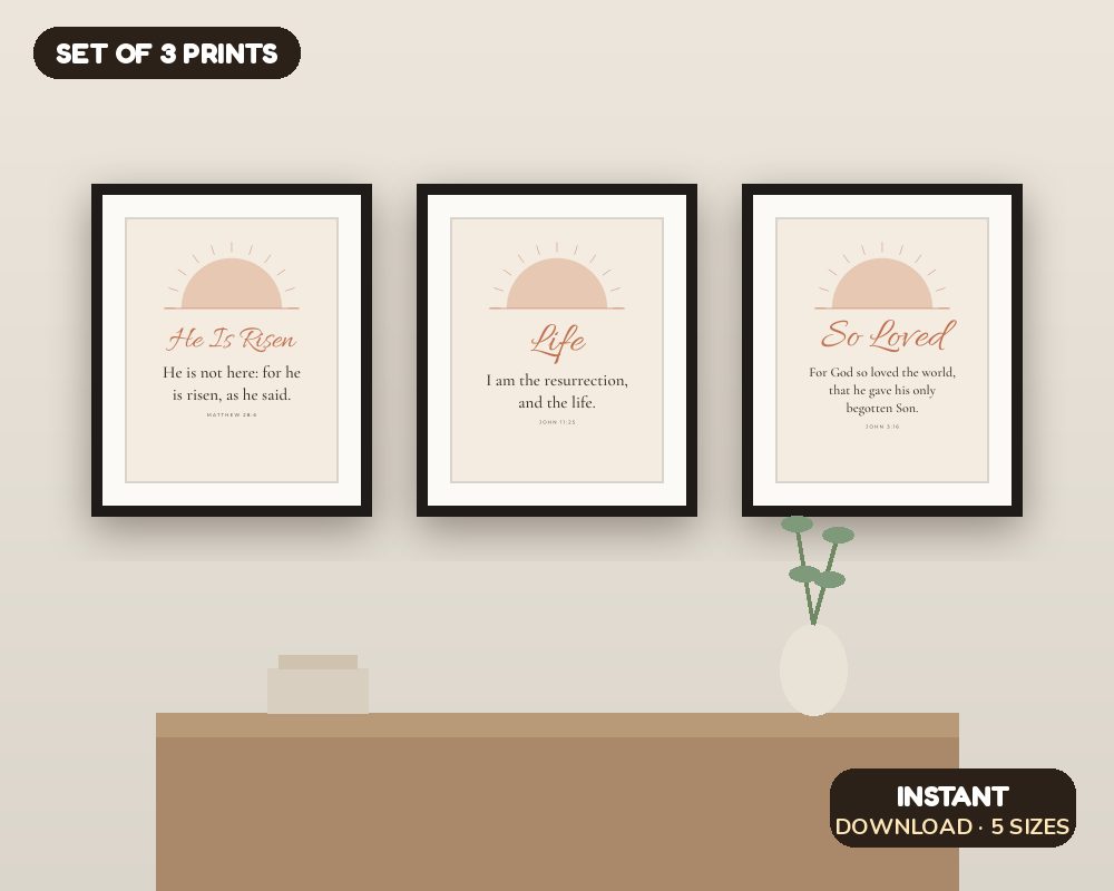 Easter Scripture Wall Art Set of 3: He Is Risen Bible Verse Prints printable preview 1
