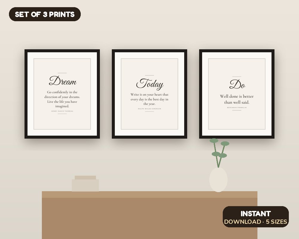 Inspirational Quote Wall Art Set of 3: Thoreau, Emerson & Franklin Prints