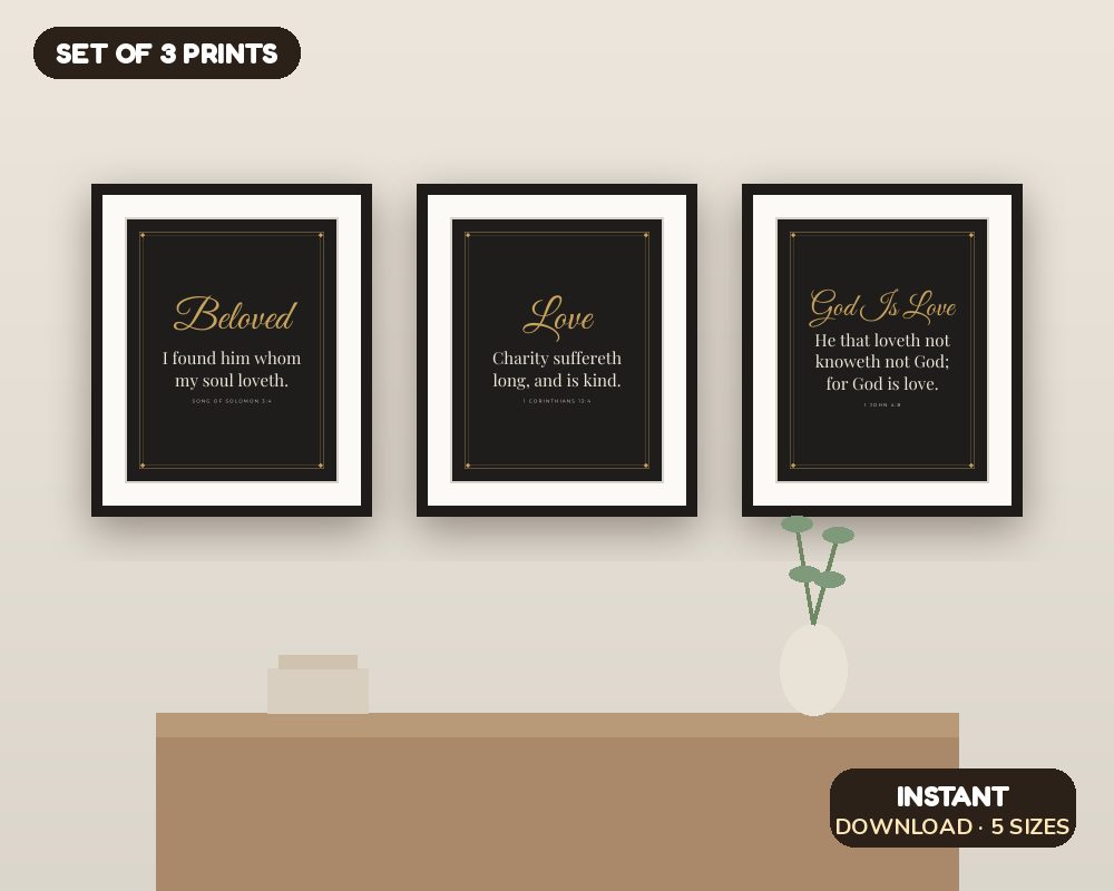 Love & Marriage Scripture Wall Art Set of 3: Black & Gold Bedroom Prints printable preview 1