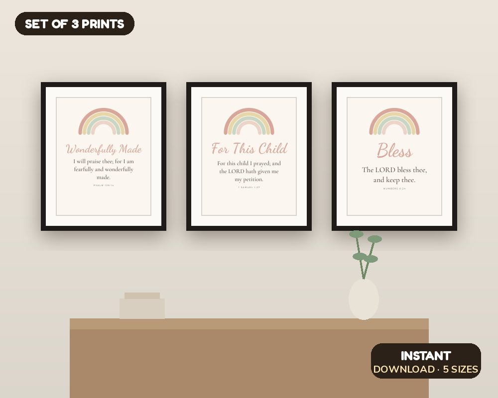 Nursery Bible Verse Wall Art Set of 3: Pastel Rainbow Scripture Prints