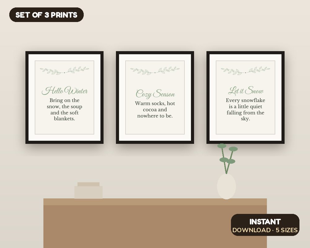 Winter Wall Art Set of 3: Hello Winter, Cozy Season & Let It Snow Printable Prints