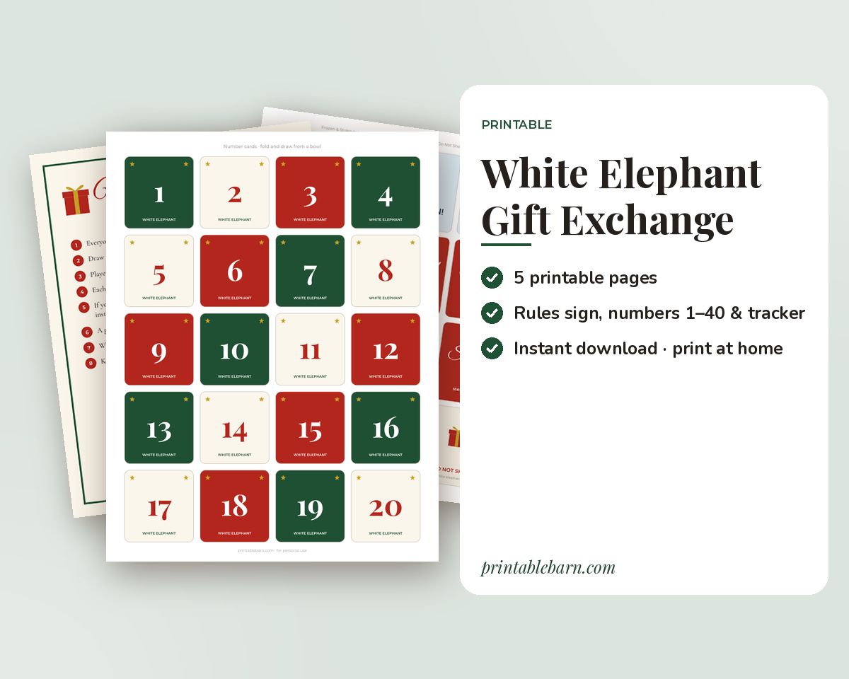White Elephant Gift Exchange Rules Printable: Rules Sign, Number Cards 1-40, Steal Tracker & Frozen Tags