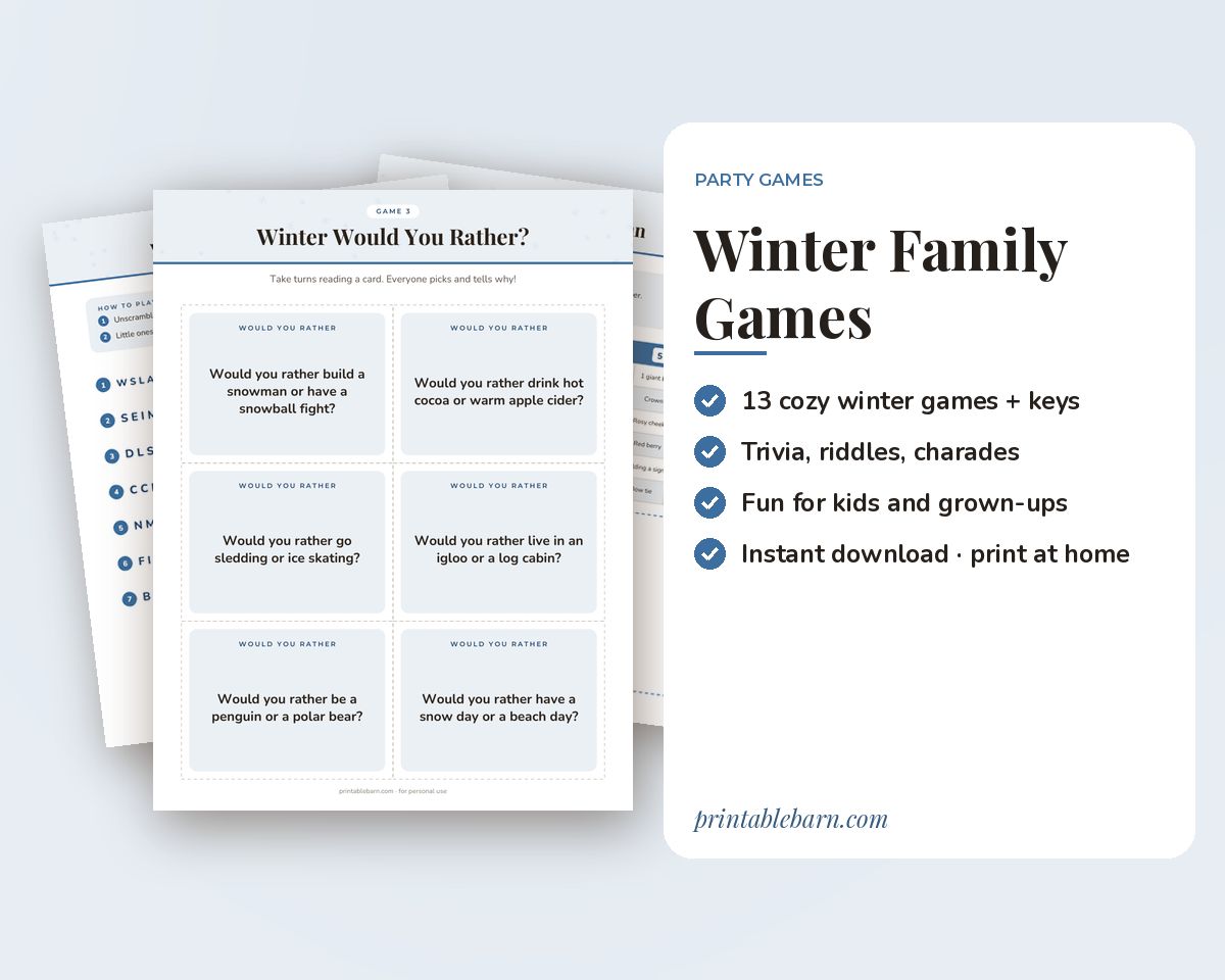 Winter Family Games Printable Pack: 13 Cozy Games for Snow Days printable preview 1