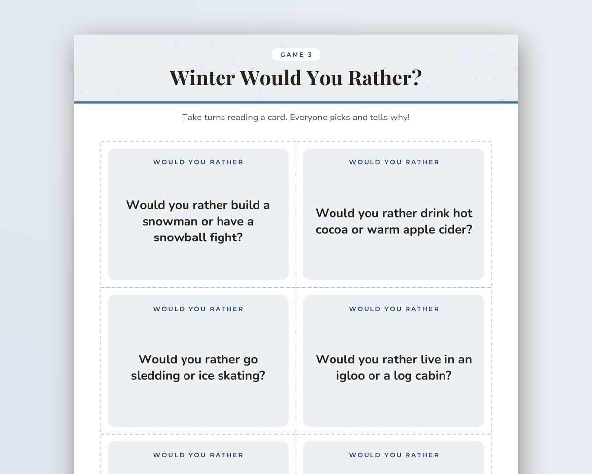 Winter Family Games Printable Pack: 13 Cozy Games for Snow Days printable preview 2