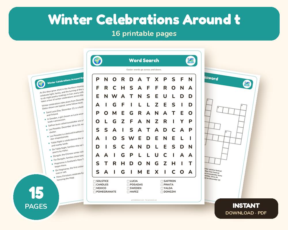 Winter Celebrations Around the World Activity Pack: Puzzles, Facts & Quiz printable preview 1