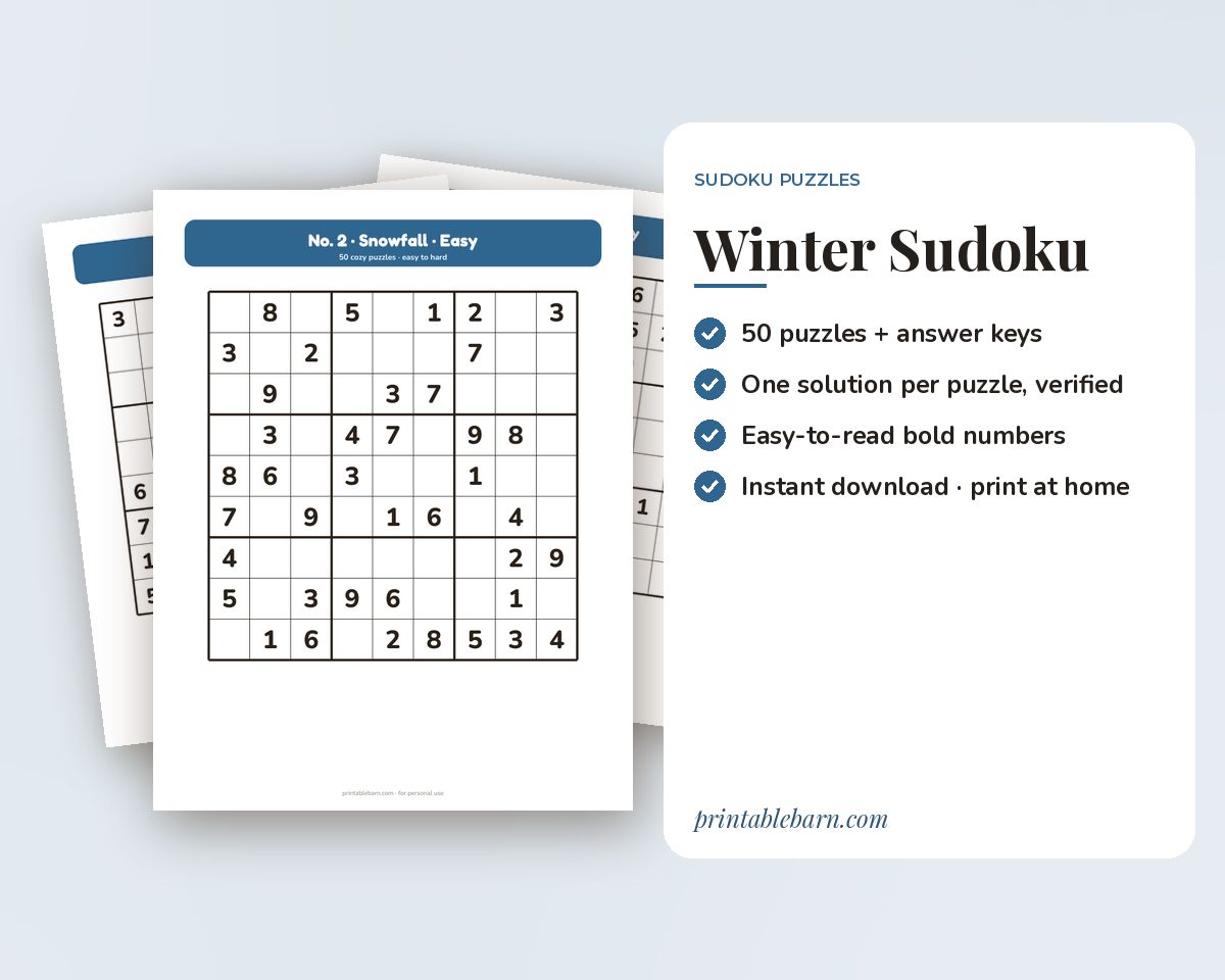 Winter Sudoku: 50 Printable Puzzles, Easy to Hard (Large Print) printable preview 1