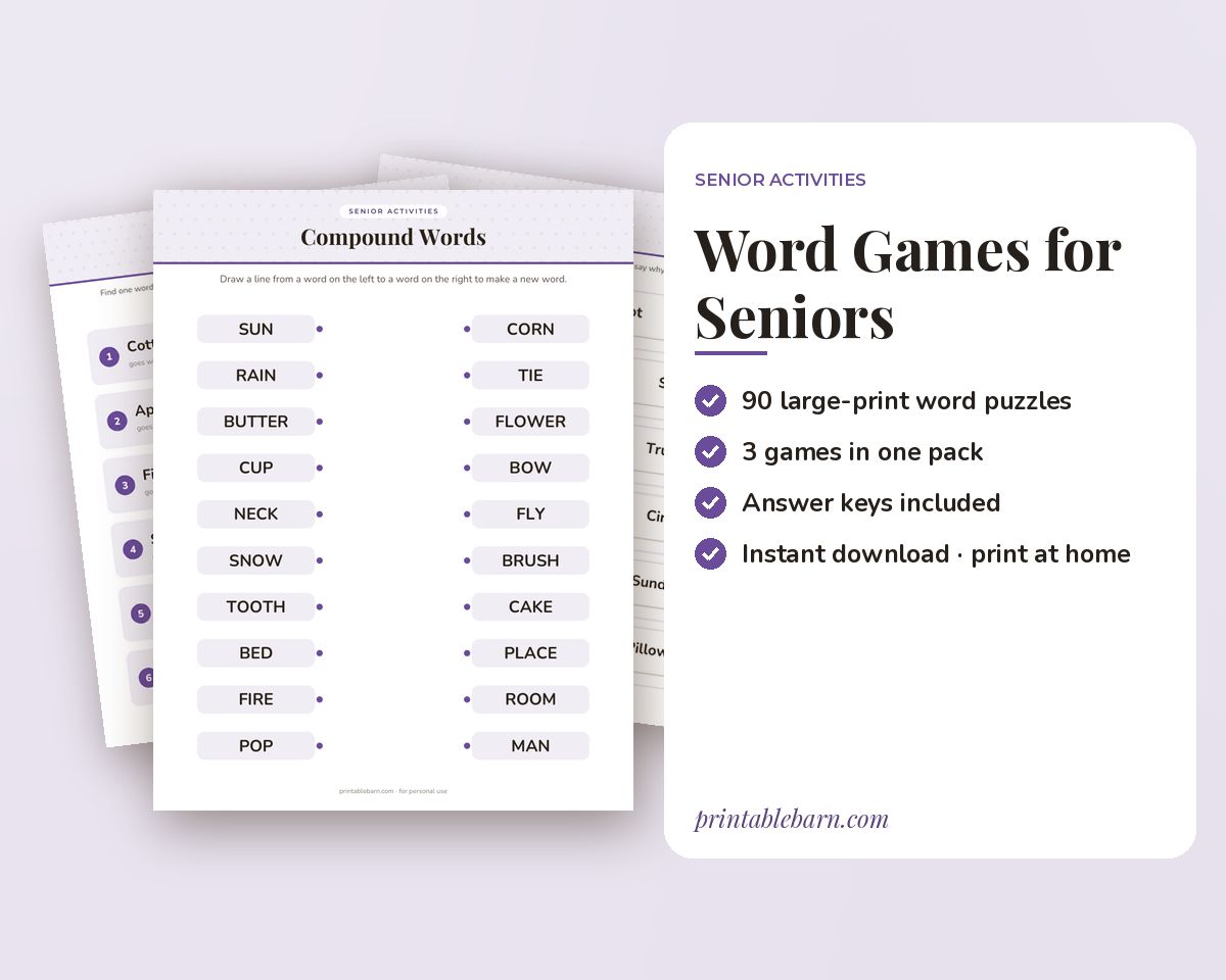 Word Games for Seniors: Word Links, Compound Words & Odd One Out (Large Print)