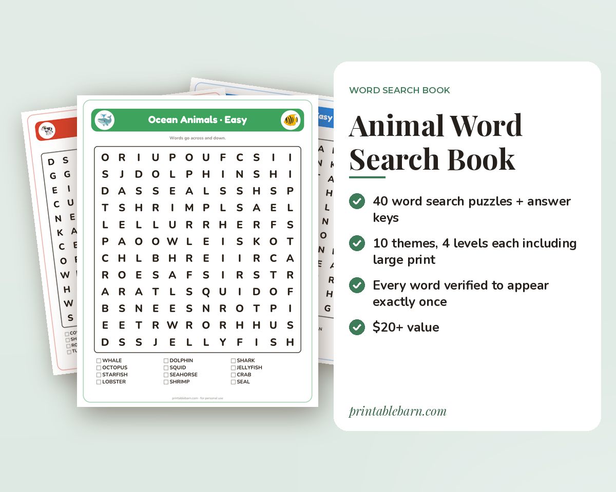 Animal Word Search Book: 40 Printable Puzzles (Farm, Ocean, Jungle, Pets, Birds & More) printable preview 1