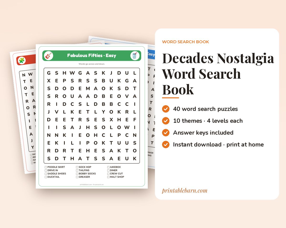 Decades Word Search Book: 40 Nostalgia Puzzles from the 1940s to the 1990s (Large Print Included) printable preview 1