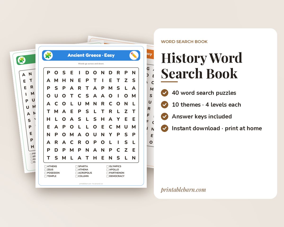 History Word Search Book: 40 Printable Puzzles (Ancient Egypt, Greece, Rome, Vikings, American Revolution, Civil War) printable preview 1