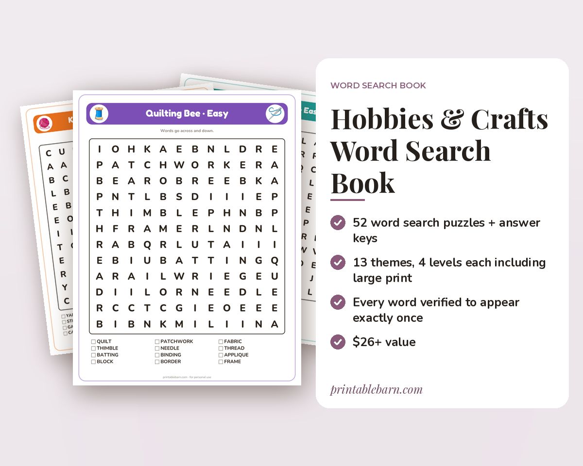 Hobbies & Crafts Word Search Book: 52 Printable Puzzles (Quilting, Knitting, Woodworking, Books & Music) printable preview 1