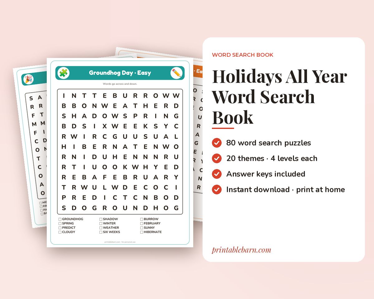 Holidays All Year Word Search Book: 80 Printable Puzzles (Halloween, Thanksgiving, Valentine's, Hanukkah & More) printable preview 1
