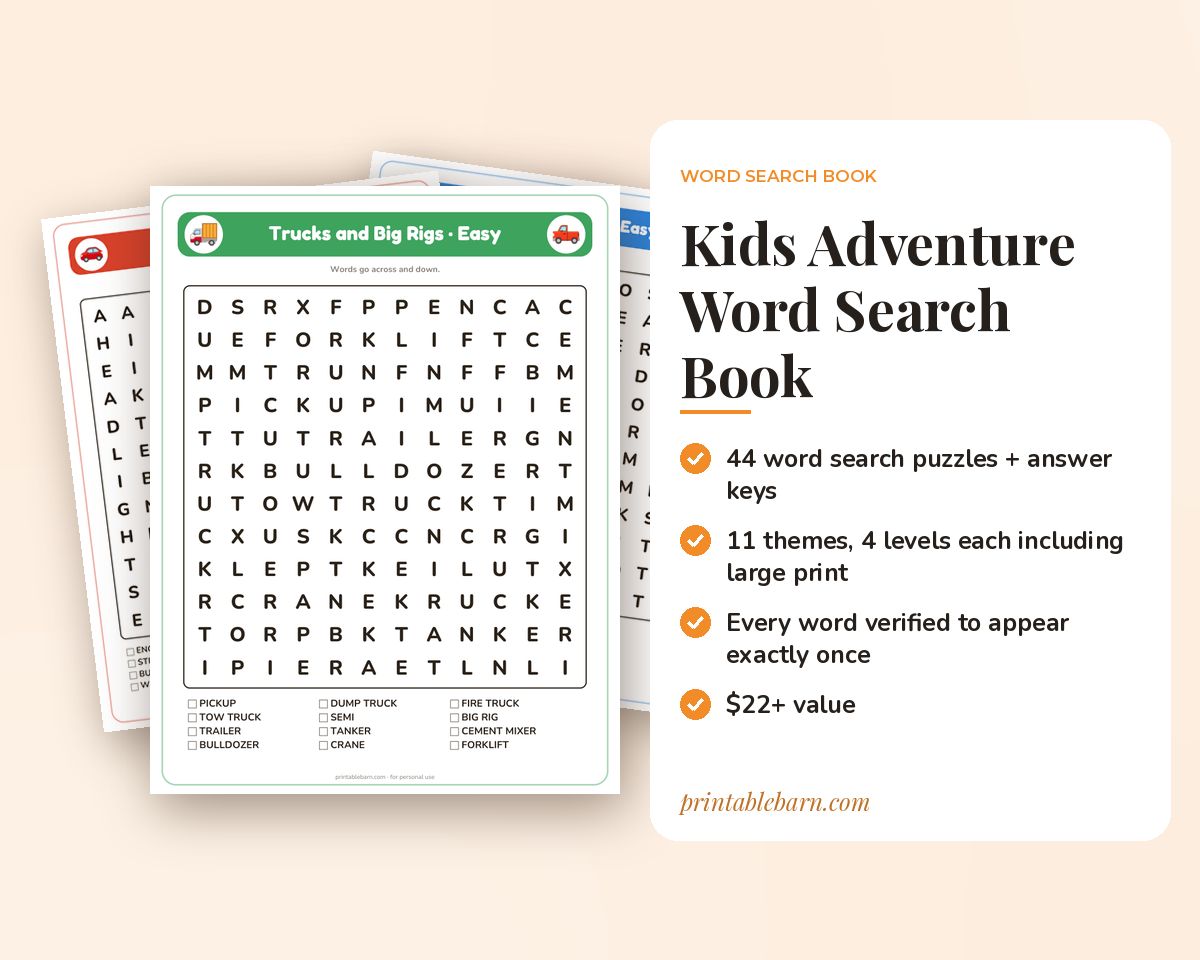 Kids Adventure Word Search Book: 44 Printable Puzzles (Trains, Trucks, Pirates, Knights, Fairy Tales) printable preview 1