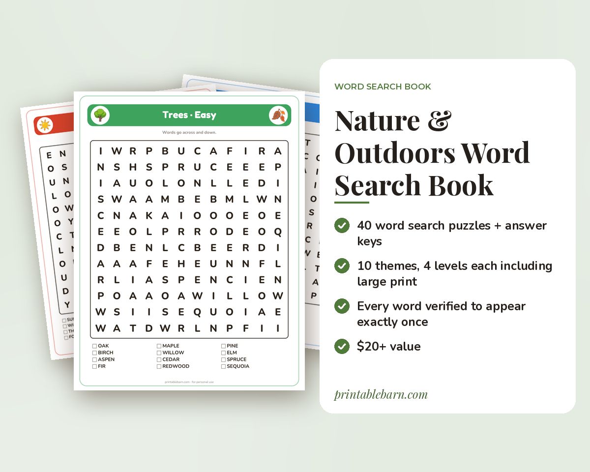 Nature & Outdoors Word Search Book: 40 Printable Puzzles (Gardening, Camping, Fishing, Weather)
