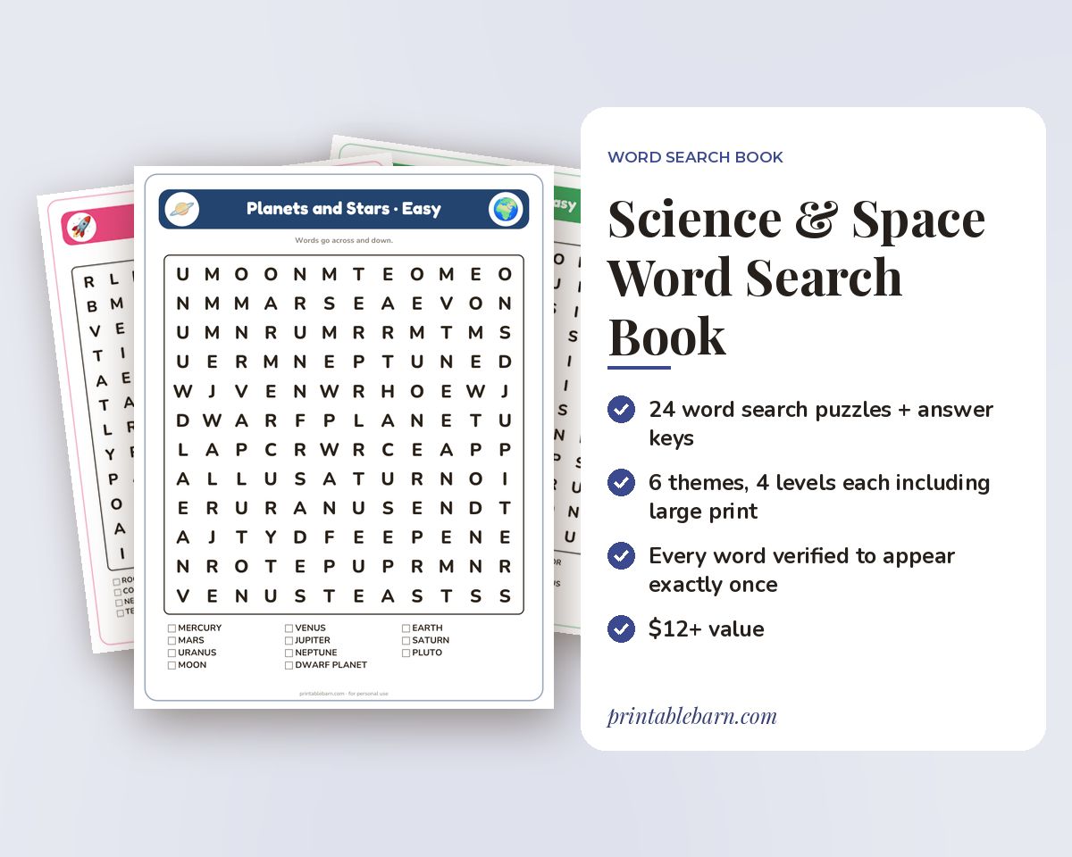Science & Space Word Search Book: 24 Printable Puzzles (Planets, Constellations, Human Body)