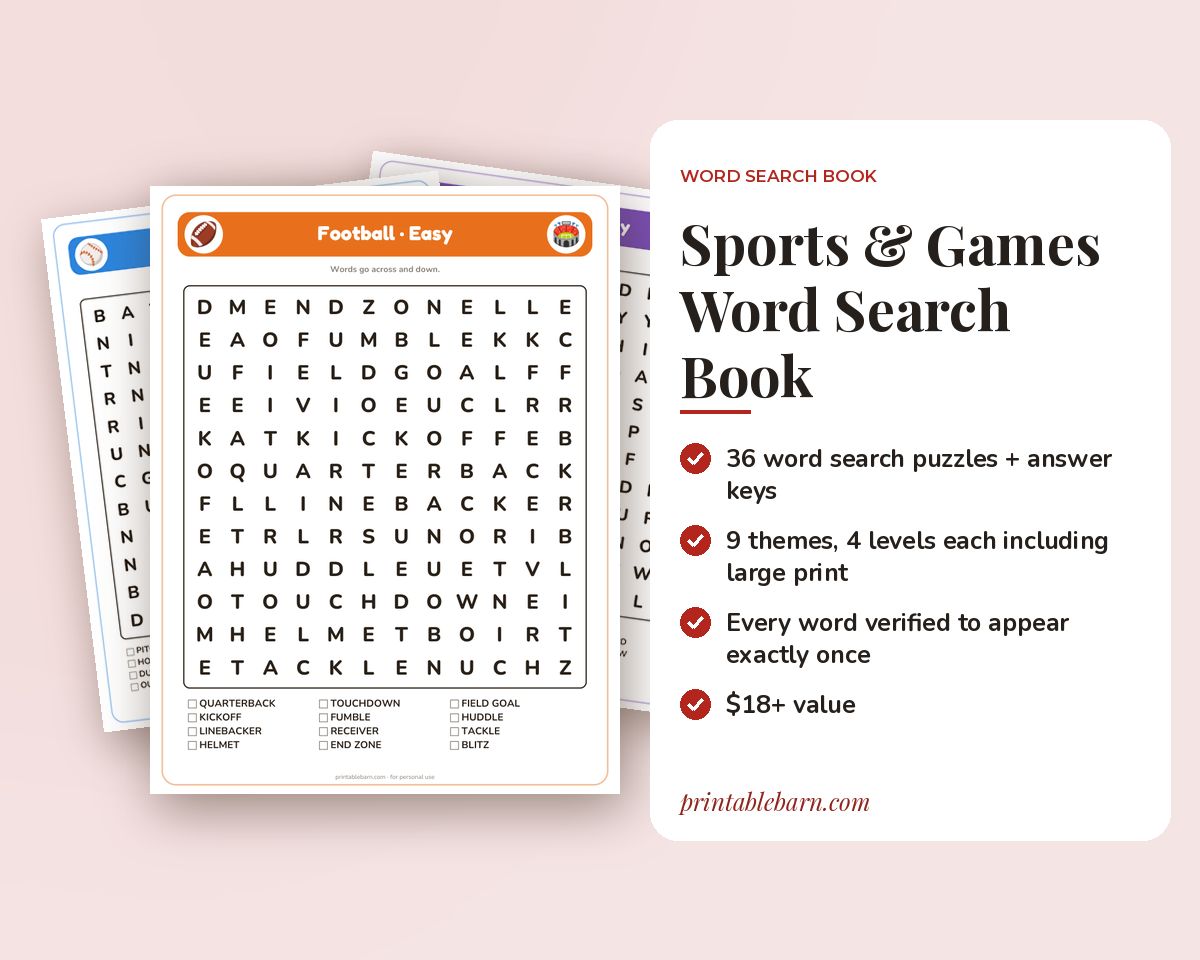 Sports & Games Word Search Book: 36 Printable Puzzles (Baseball, Football, Golf, Racing & More) printable preview 1