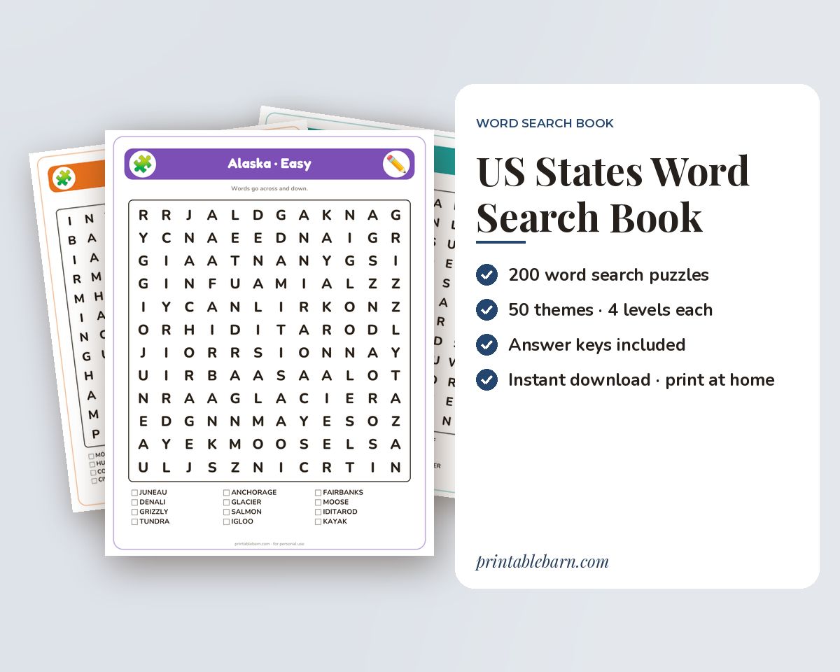 US States Word Search Book: 200 Printable Puzzles for All 50 States (Easy to Hard + Large Print) printable preview 1