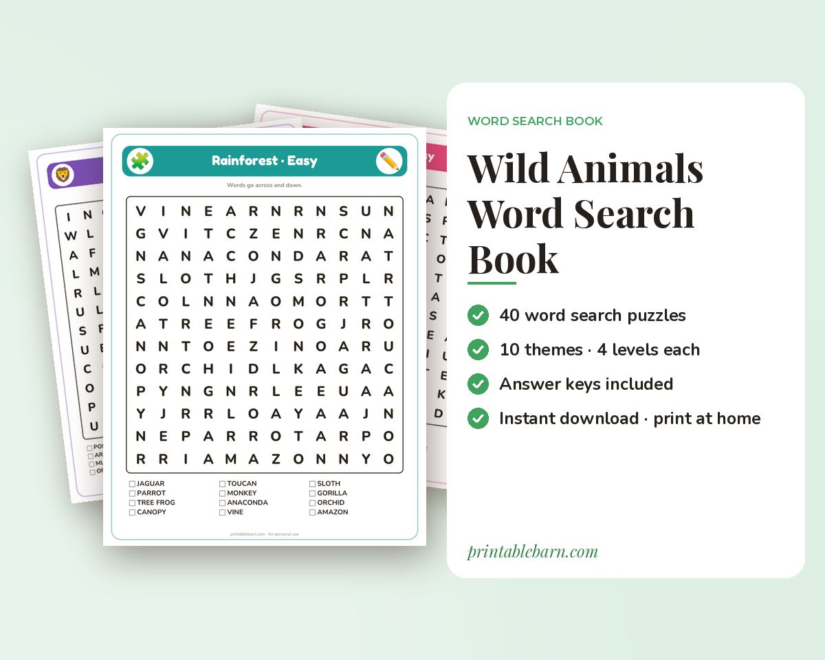 Wild Animals Word Search Book: 40 Printable Puzzles (Arctic, Rainforest, Desert, Ocean & More) printable preview 1