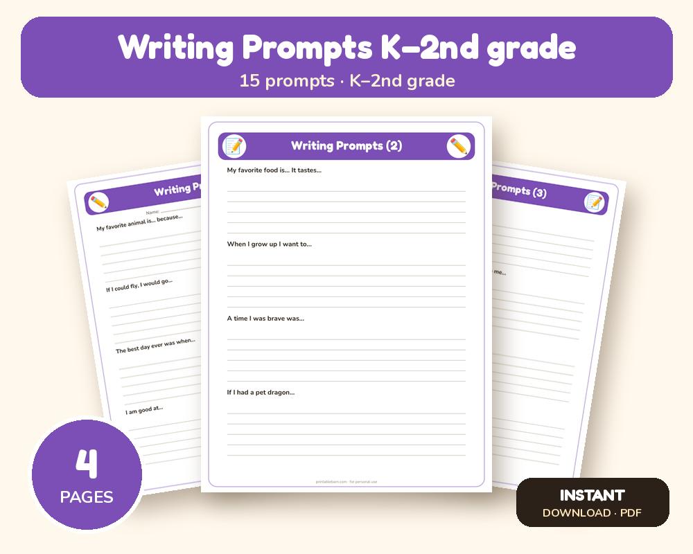 Writing Prompts for K–2nd grade: 15 Printable Journal Pages printable preview 1