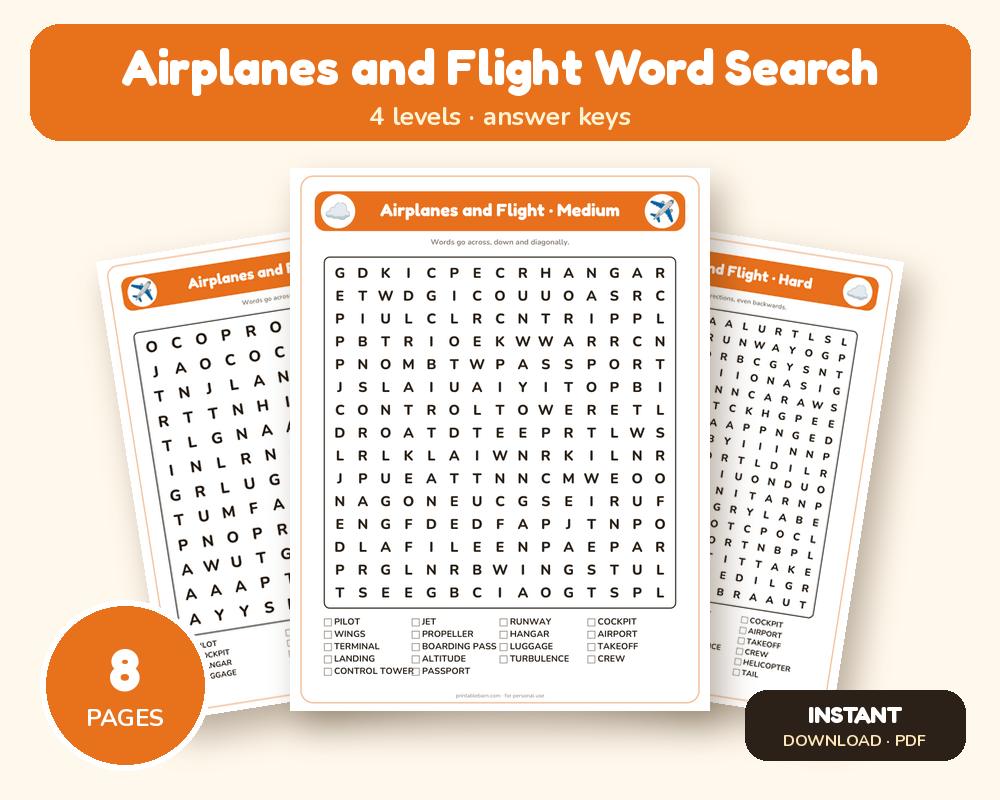 Airplanes and Flight Word Search Printable: 4 Puzzles (Easy to Hard + Large Print) printable preview 1