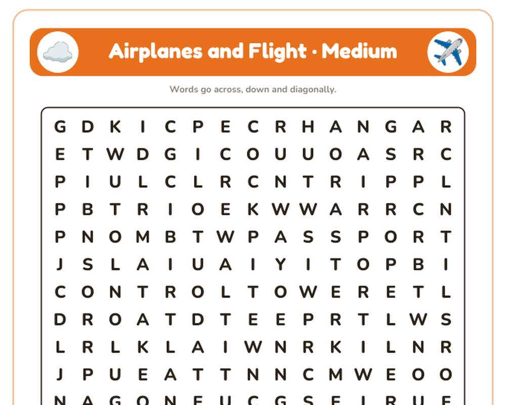 Free printable Airplanes and Flight Word Search sample page