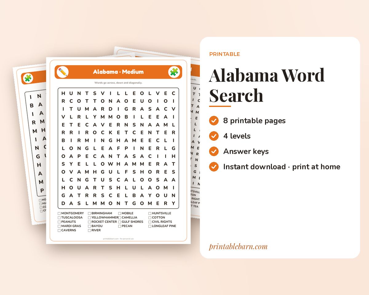 Alabama Word Search Printable: 4 Puzzles (Easy to Hard + Large Print) printable preview 1