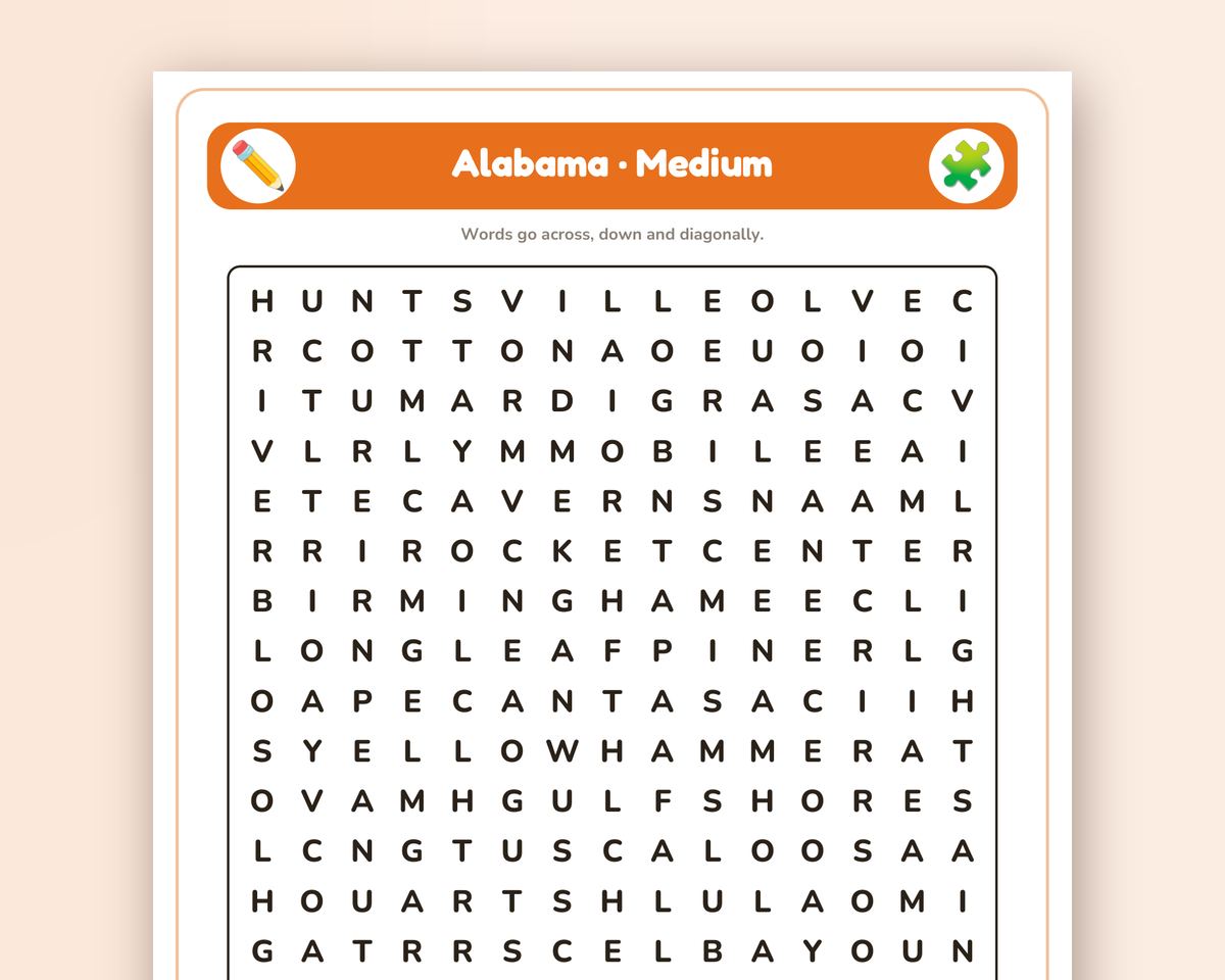 Alabama Word Search Printable: 4 Puzzles (Easy to Hard + Large Print) printable preview 2