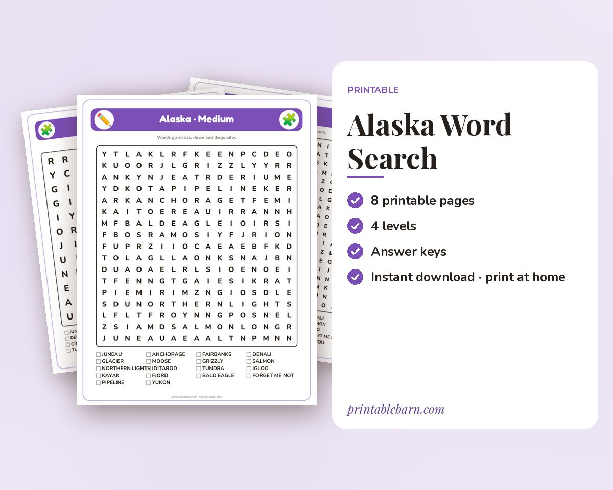 Alaska Word Search Printable: 4 Puzzles (Easy to Hard + Large Print) printable preview 1