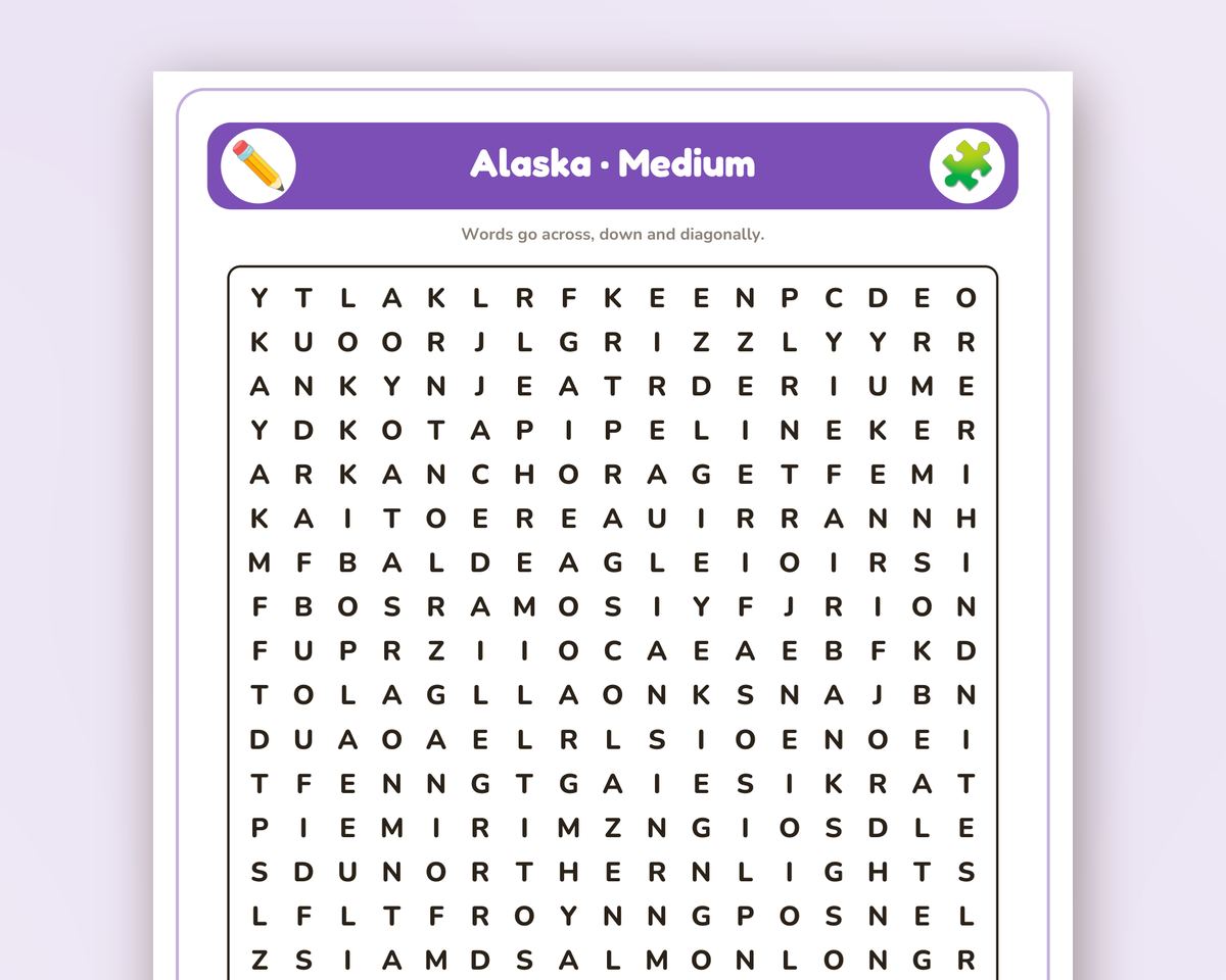 Free printable Alaska Word Search sample page