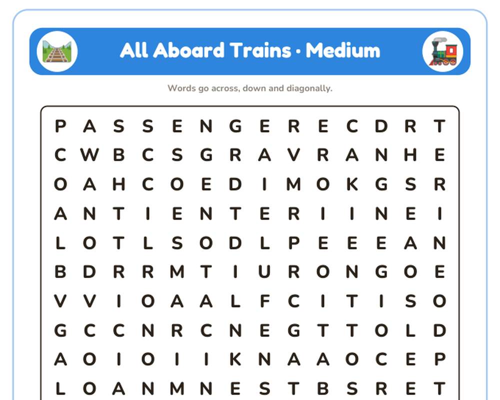 All Aboard Trains Word Search Printable: 4 Puzzles (Easy to Hard + Large Print) printable preview 2