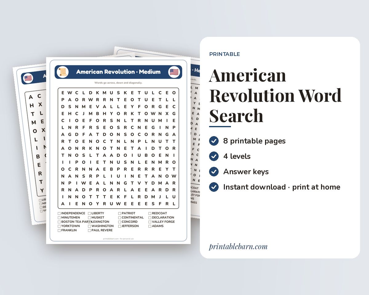 American Revolution Word Search Printable: 4 Puzzles (Easy to Hard + Large Print) printable preview 1
