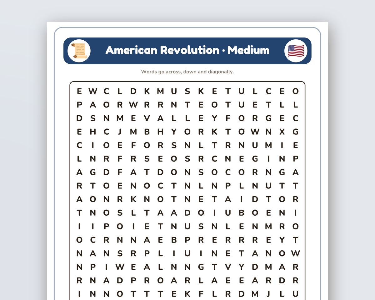 Free printable American Revolution Word Search sample page