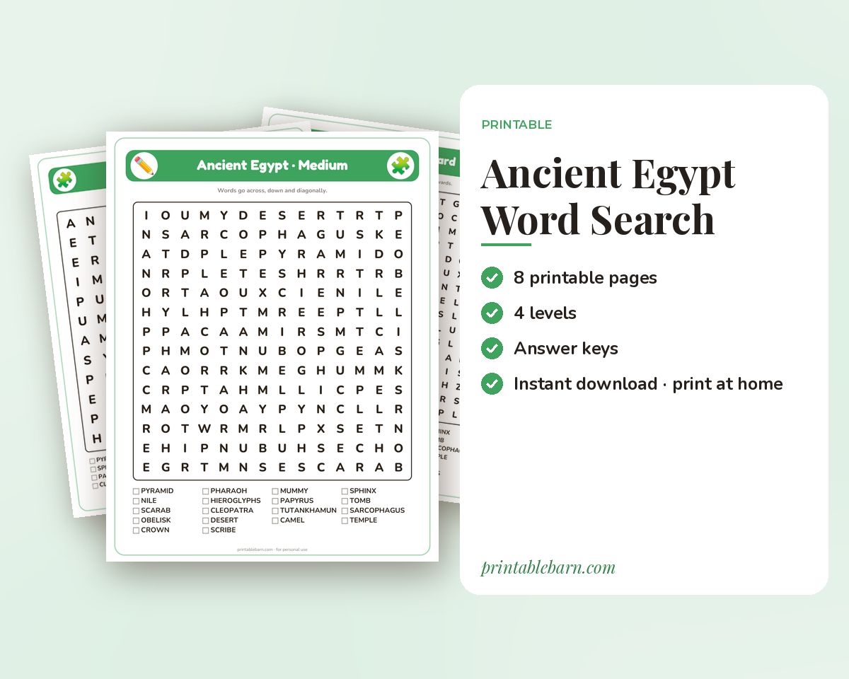 Ancient Egypt Word Search Printable: 4 Puzzles (Easy to Hard + Large Print) printable preview 1