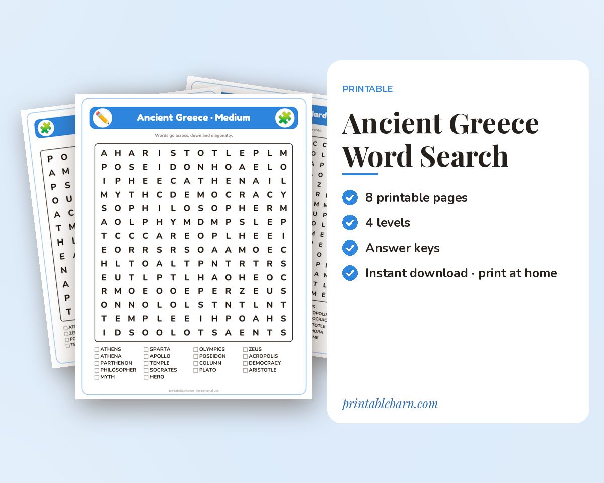 Ancient Greece Word Search Printable: 4 Puzzles (Easy to Hard + Large Print) printable preview 1