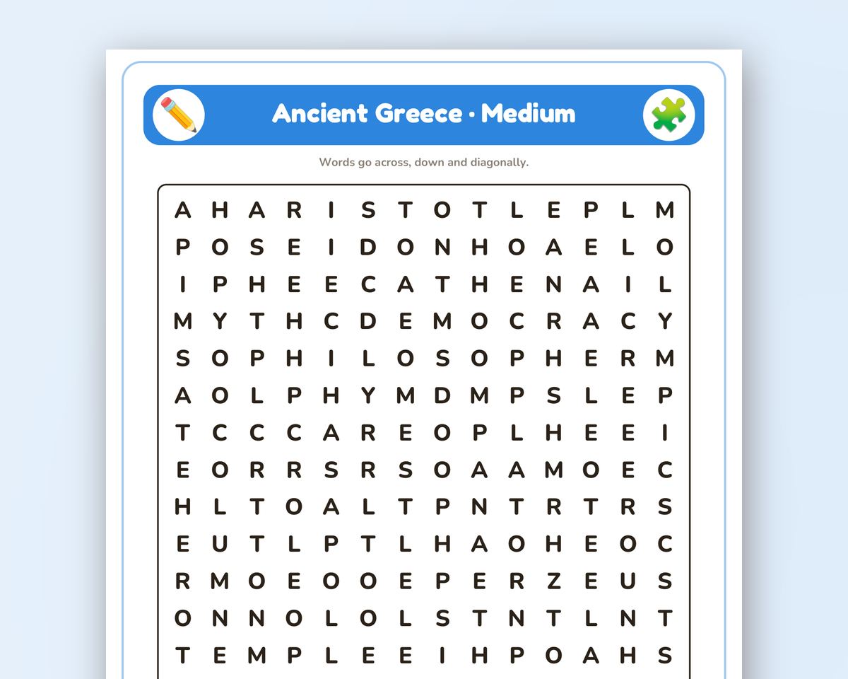 Ancient Greece Word Search Printable: 4 Puzzles (Easy to Hard + Large Print) printable preview 2
