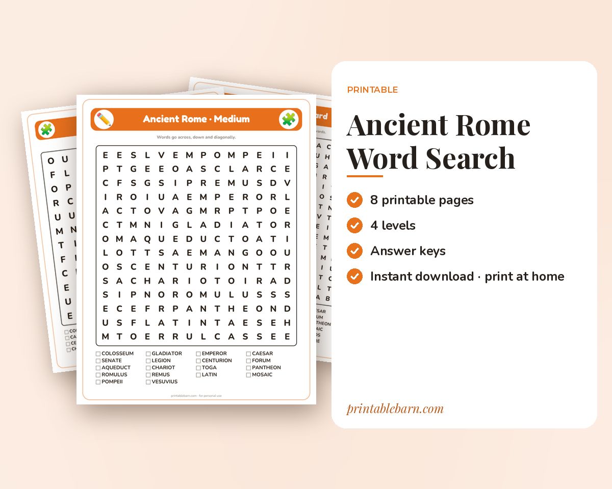 Ancient Rome Word Search Printable: 4 Puzzles (Easy to Hard + Large Print) printable preview 1