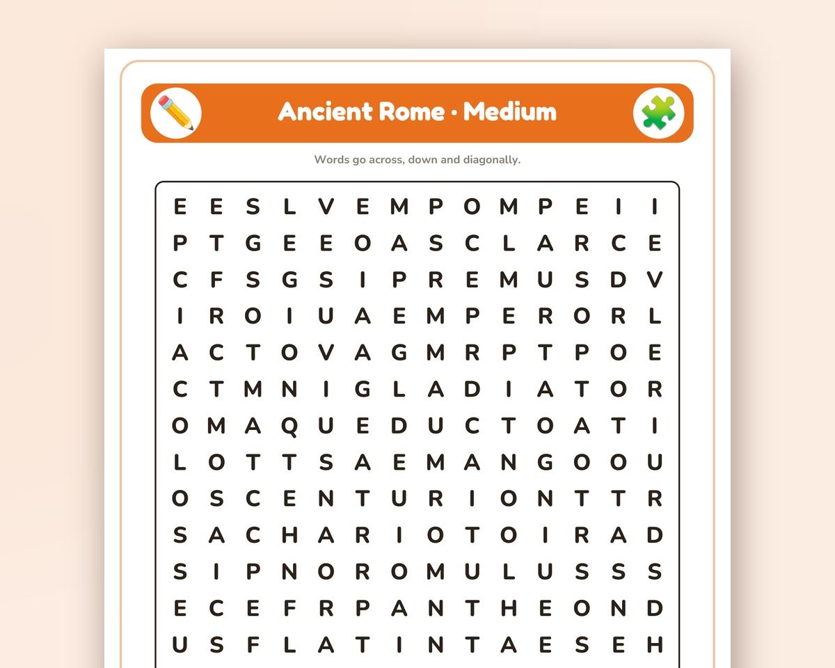 Ancient Rome Word Search Printable: 4 Puzzles (Easy to Hard + Large Print) printable preview 2