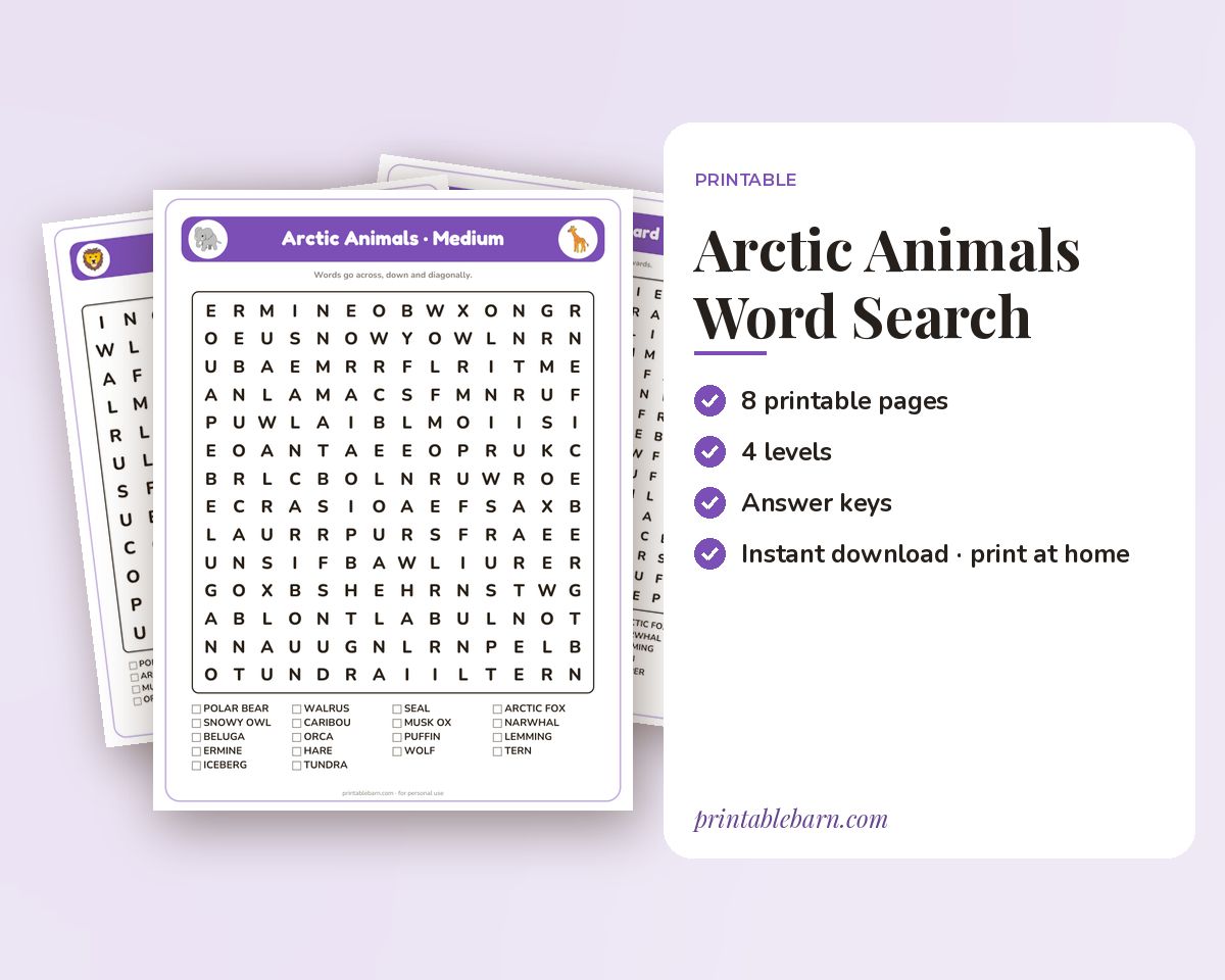 Arctic Animals Word Search Printable: 4 Puzzles (Easy to Hard + Large Print) printable preview 1