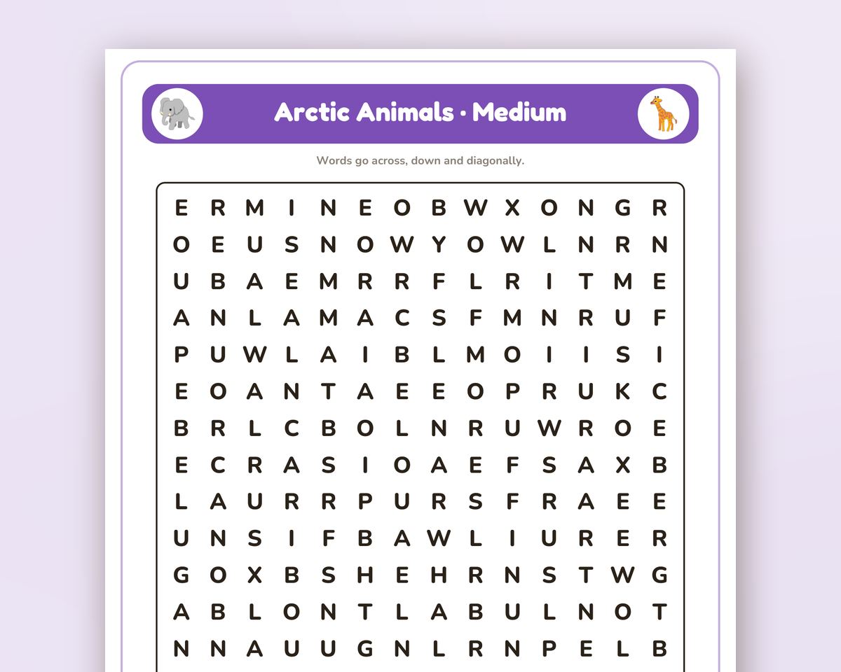 Arctic Animals Word Search Printable: 4 Puzzles (Easy to Hard + Large Print) printable preview 2