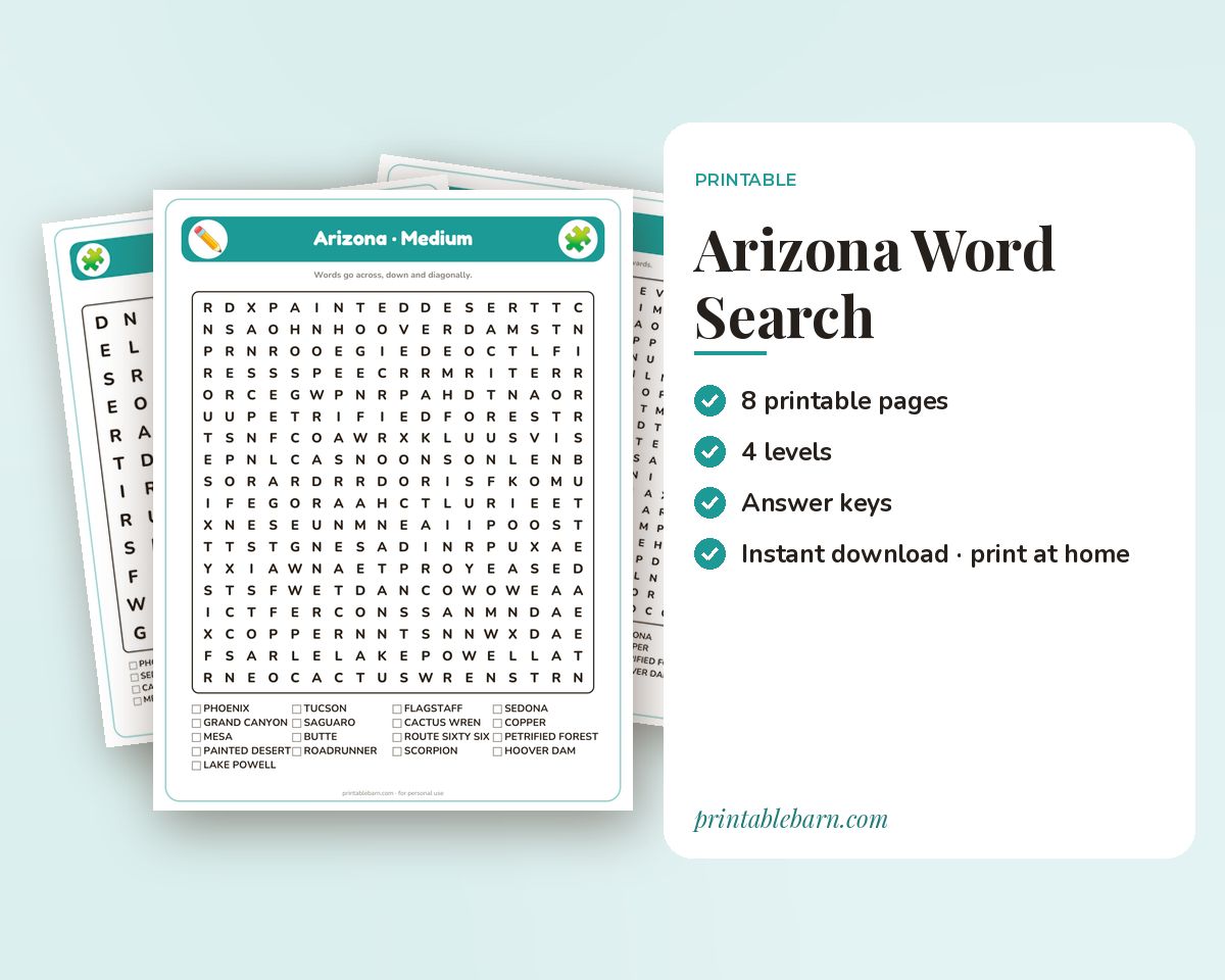 Arizona Word Search Printable: 4 Puzzles (Easy to Hard + Large Print) printable preview 1